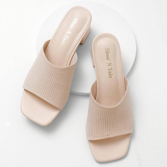 Women Heeled Sandals Knit Open Toe Chunky Block Heel Slip On Shoes - Picture 6 of 7